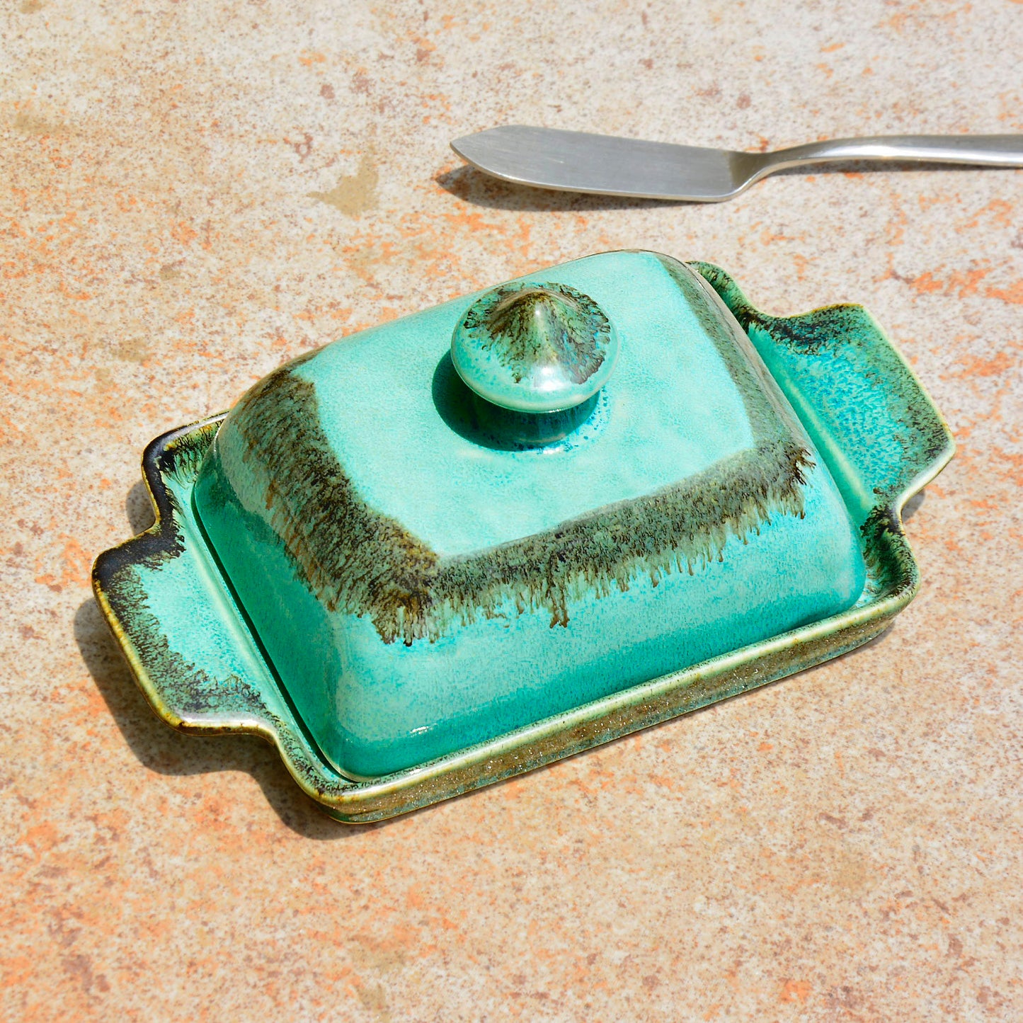 Studio Pottery Ceramic Butter Dish with Lid (Sea Green, Height - 8 cm)