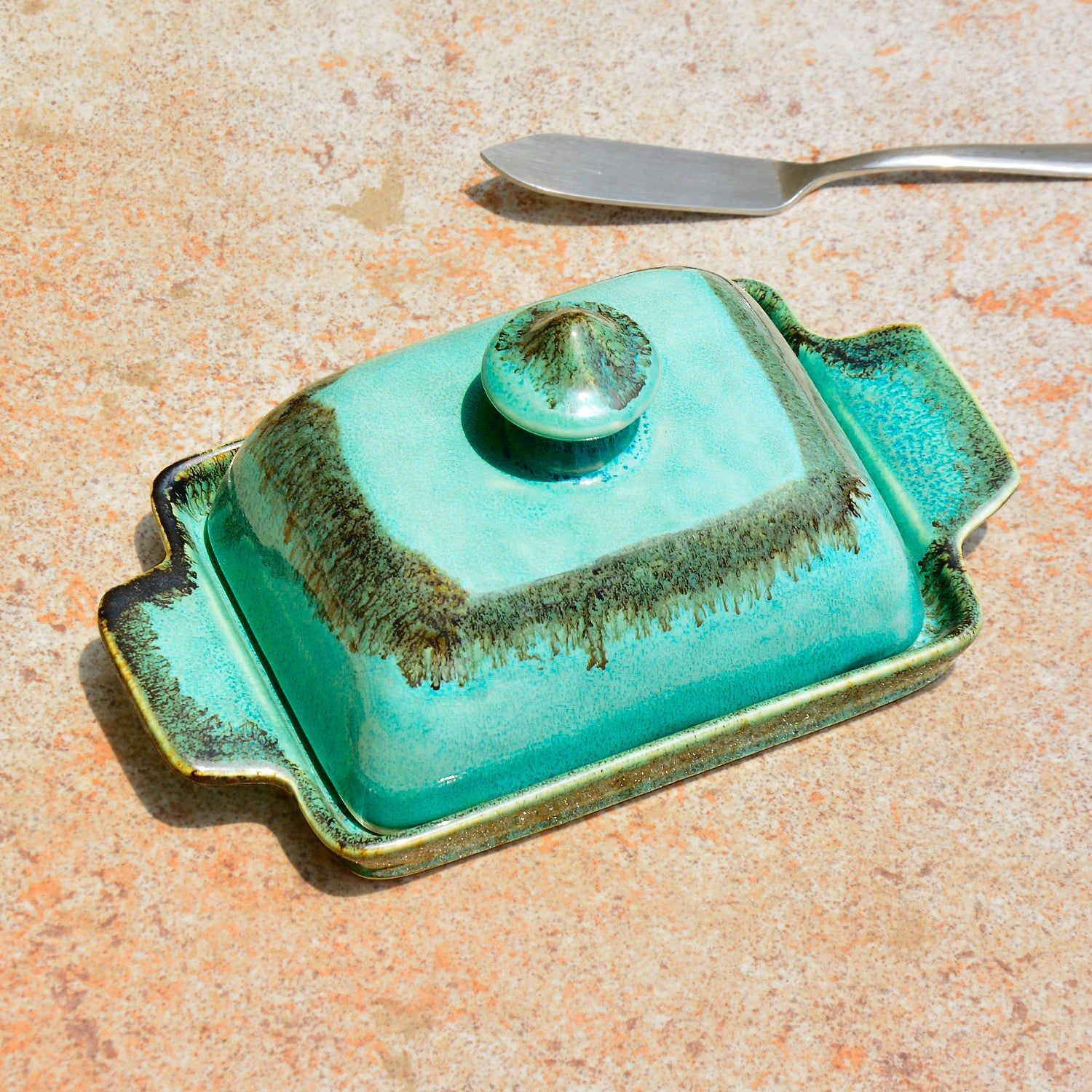 Studio Pottery Ceramic Butter Dish with Lid (Sea Green, Height - 8 cm)