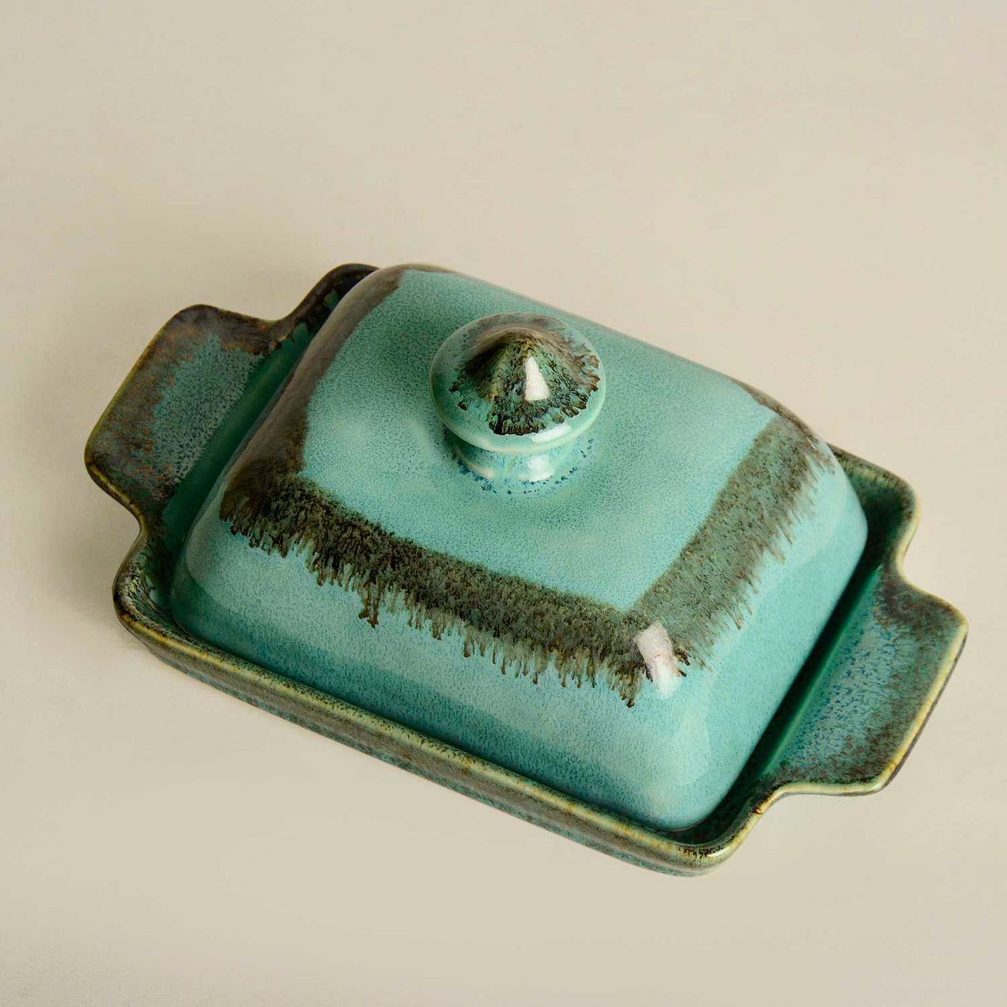 Studio Pottery Ceramic Butter Dish with Lid (Sea Green, Height - 8 cm) - View 4