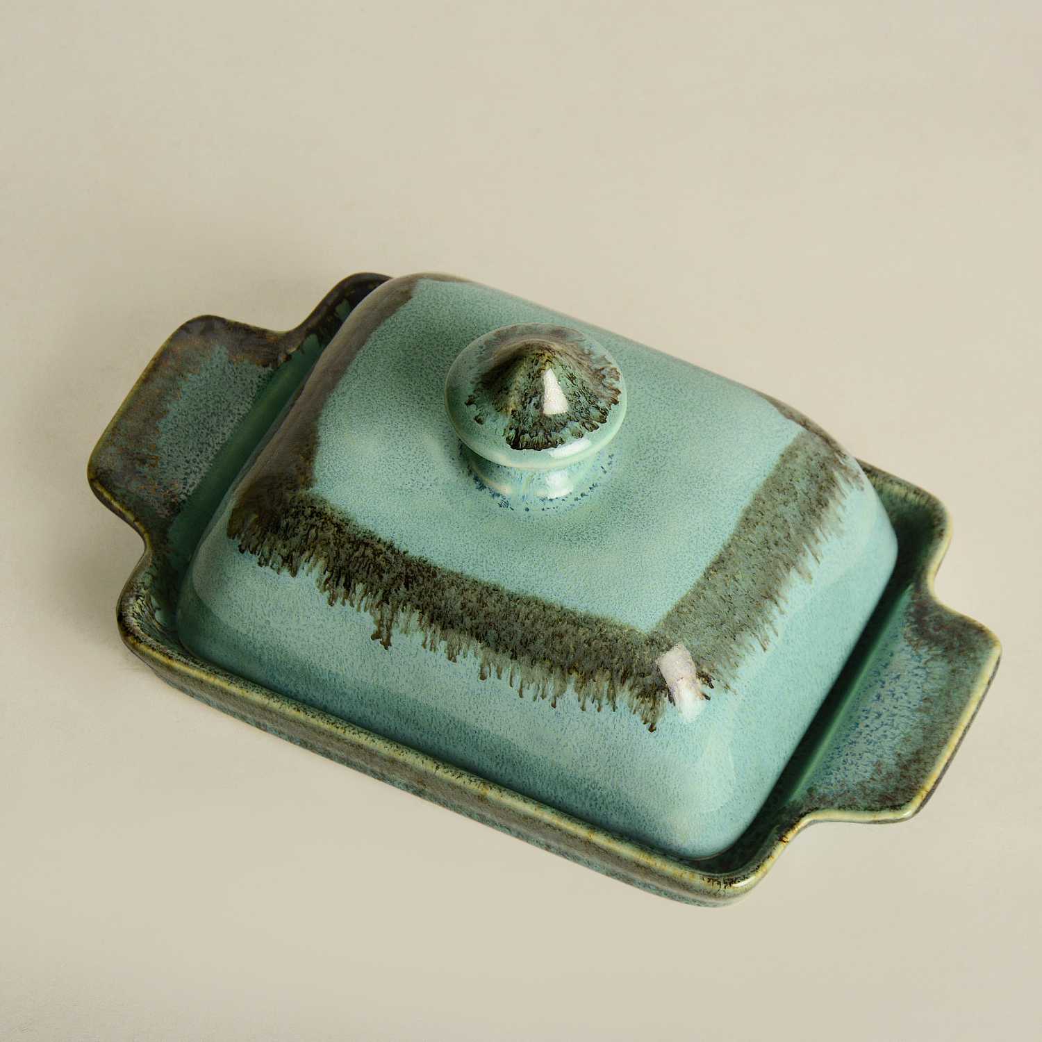 Studio Pottery Ceramic Butter Dish with Lid (Sea Green, Height - 8 cm) - View 4