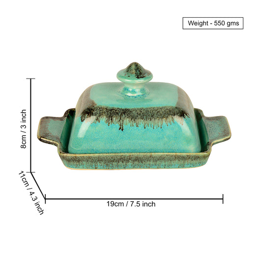 Studio Pottery Ceramic Butter Dish with Lid (Sea Green, Height - 8 cm) - View 2