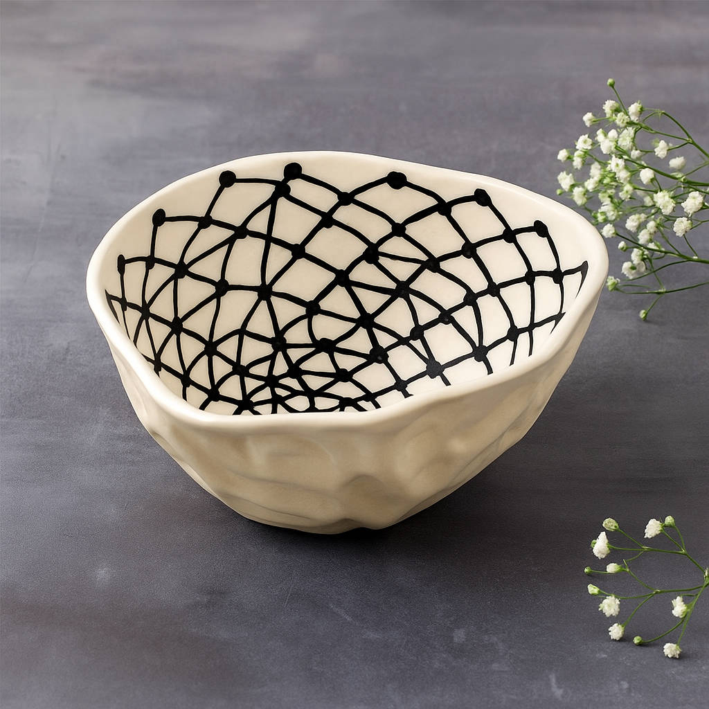 Handcrafted Organic Shape Ceramic Nut Bowl ( Black and White, 6 inches , 400 ml)