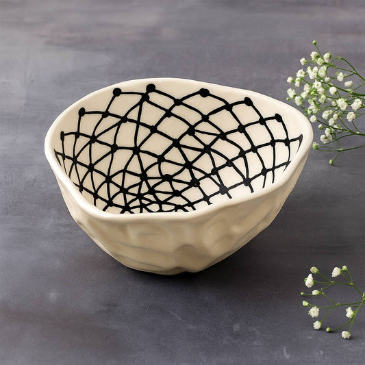 Handcrafted Organic Shape Ceramic Nut Bowl ( Black and White, 6 inches , 400 ml)