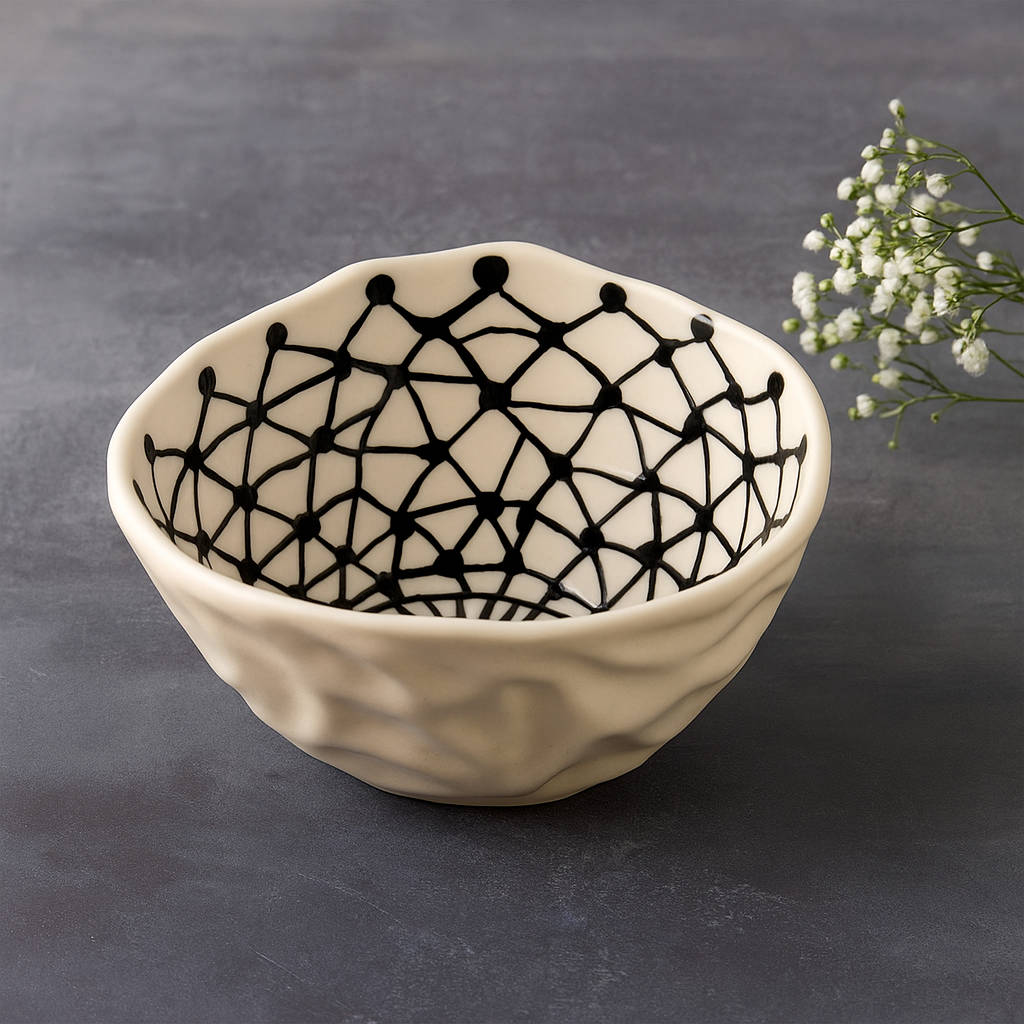 Handcrafted Organic Shape Ceramic Nut Bowl ( Black and White, 6 inches , 400 ml) - View 3