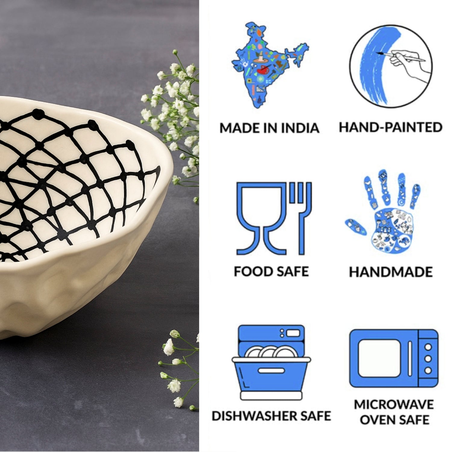 Handcrafted Organic Shape Ceramic Nut Bowl ( Black and White, 6 inches , 400 ml) - View 5