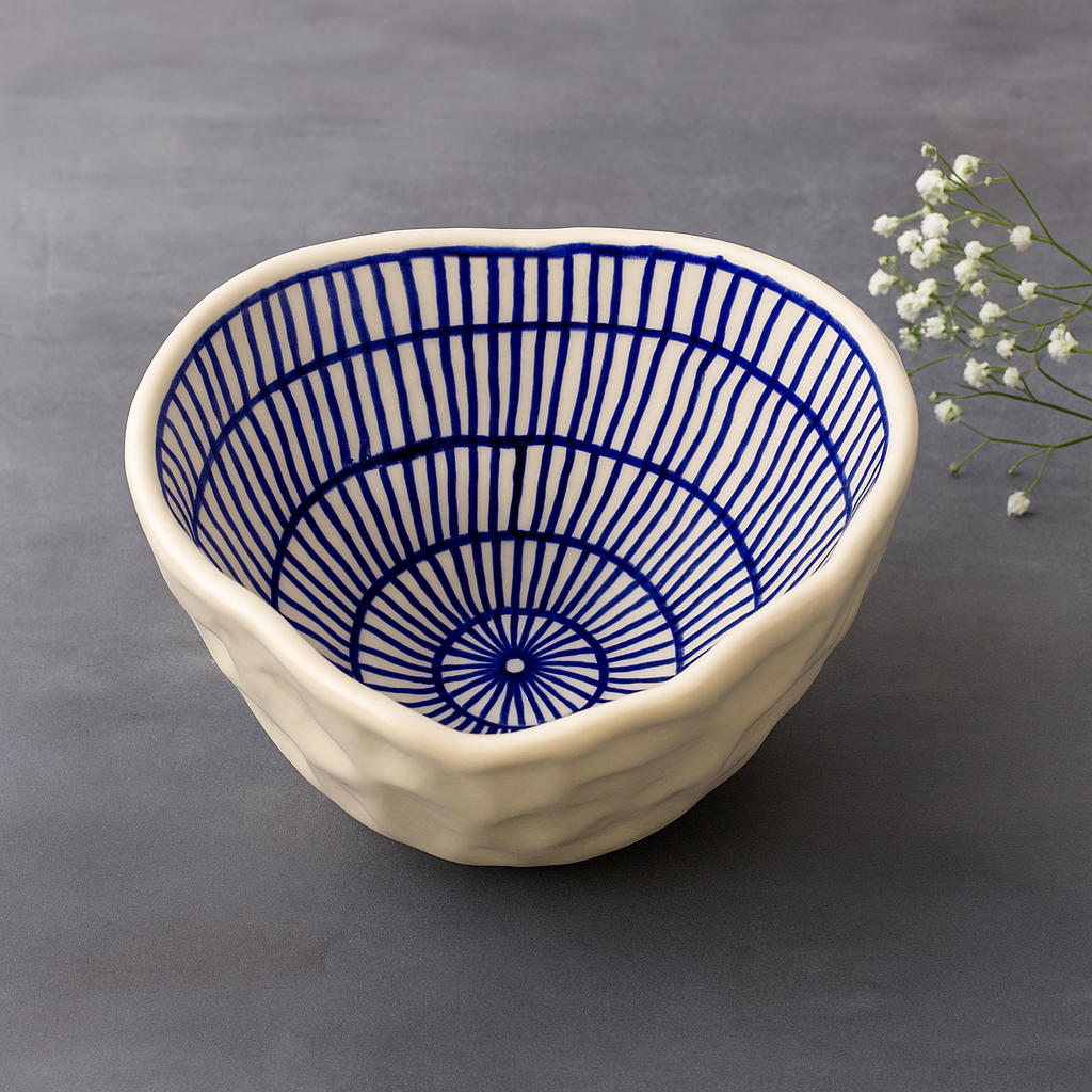 Handcrafted Organic Shape Ceramic Nut Bowl ( Blue and White, 6 inches , 400 ml)