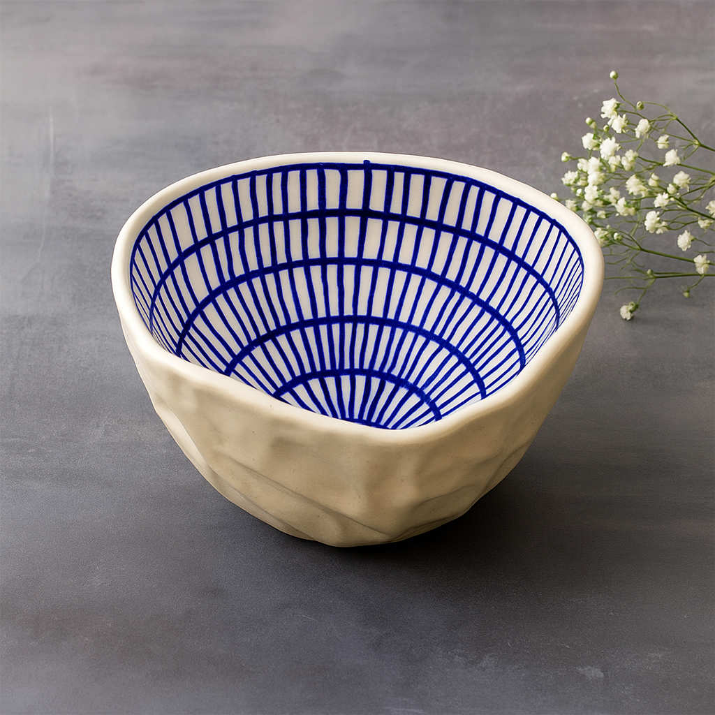 Handcrafted Organic Shape Ceramic Nut Bowl ( Blue and White, 6 inches , 400 ml) - View 3