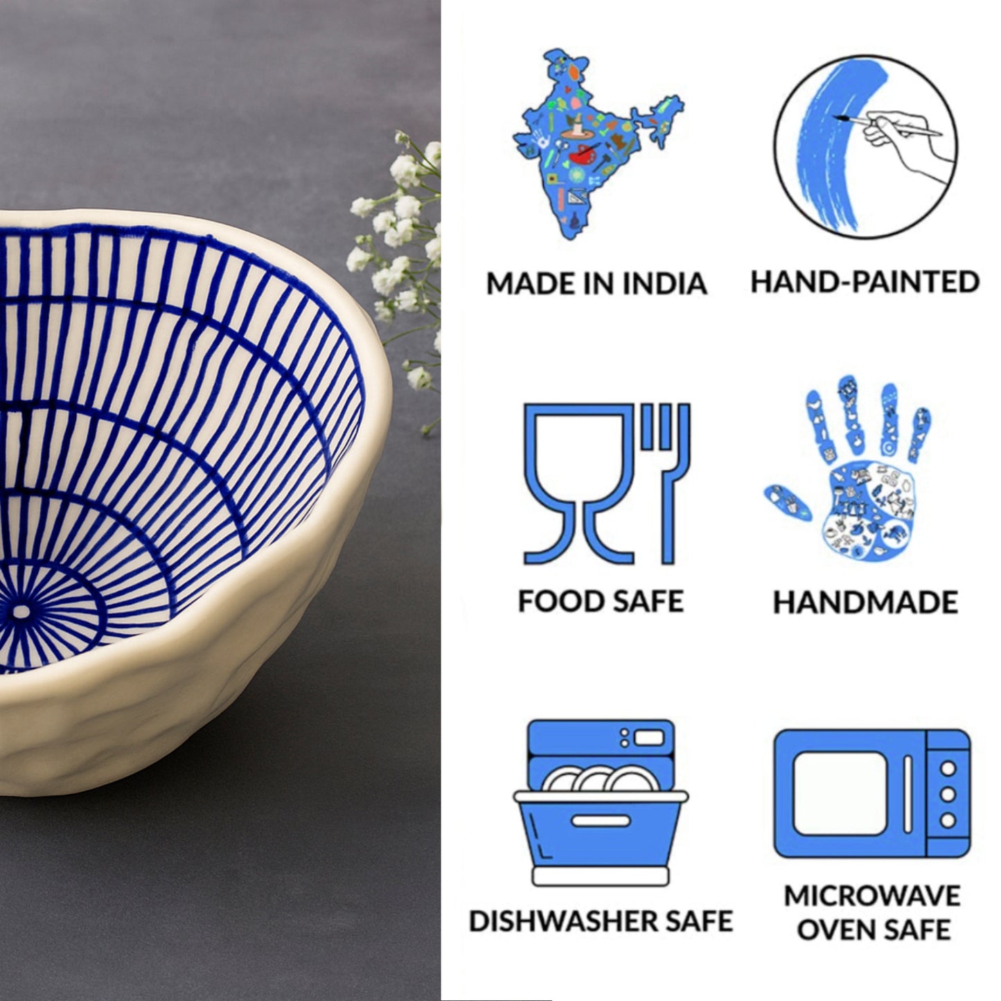 Handcrafted Organic Shape Ceramic Nut Bowl ( Blue and White, 6 inches , 400 ml) - View 5