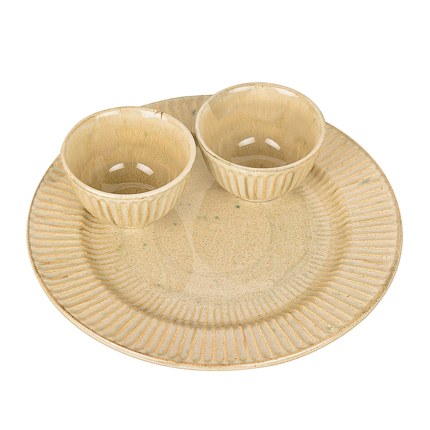 “Dazzling Riviera” Ribbed Ceramic Dinner Serving Plate with 2 Dinner Bowls (Set of 3, Ivory , Plate Diameter – 10 inches) - View 2