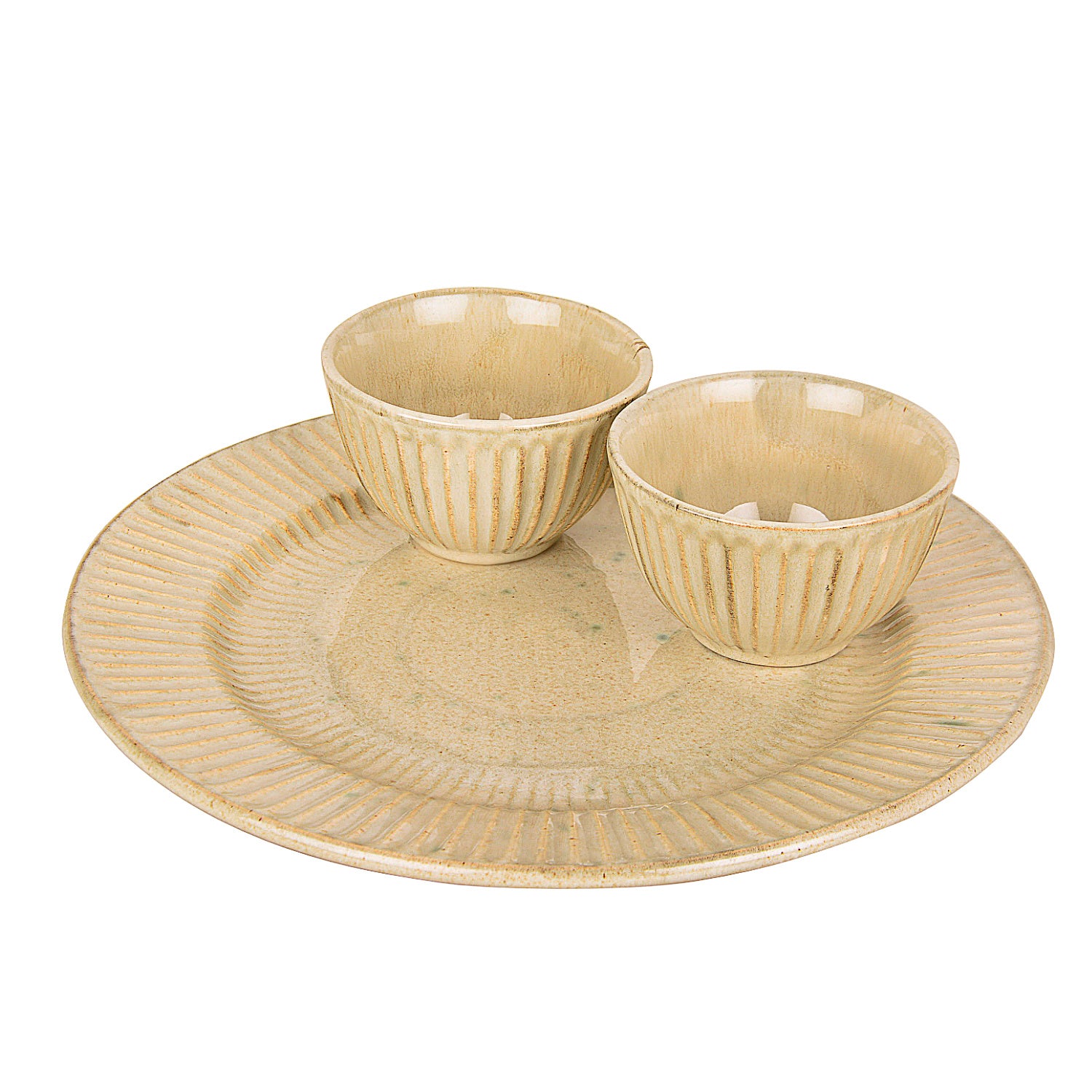 “Dazzling Riviera” Ribbed Ceramic Dinner Serving Plate with 2 Dinner Bowls (Set of 3, Ivory , Plate Diameter – 10 inches) - View 3