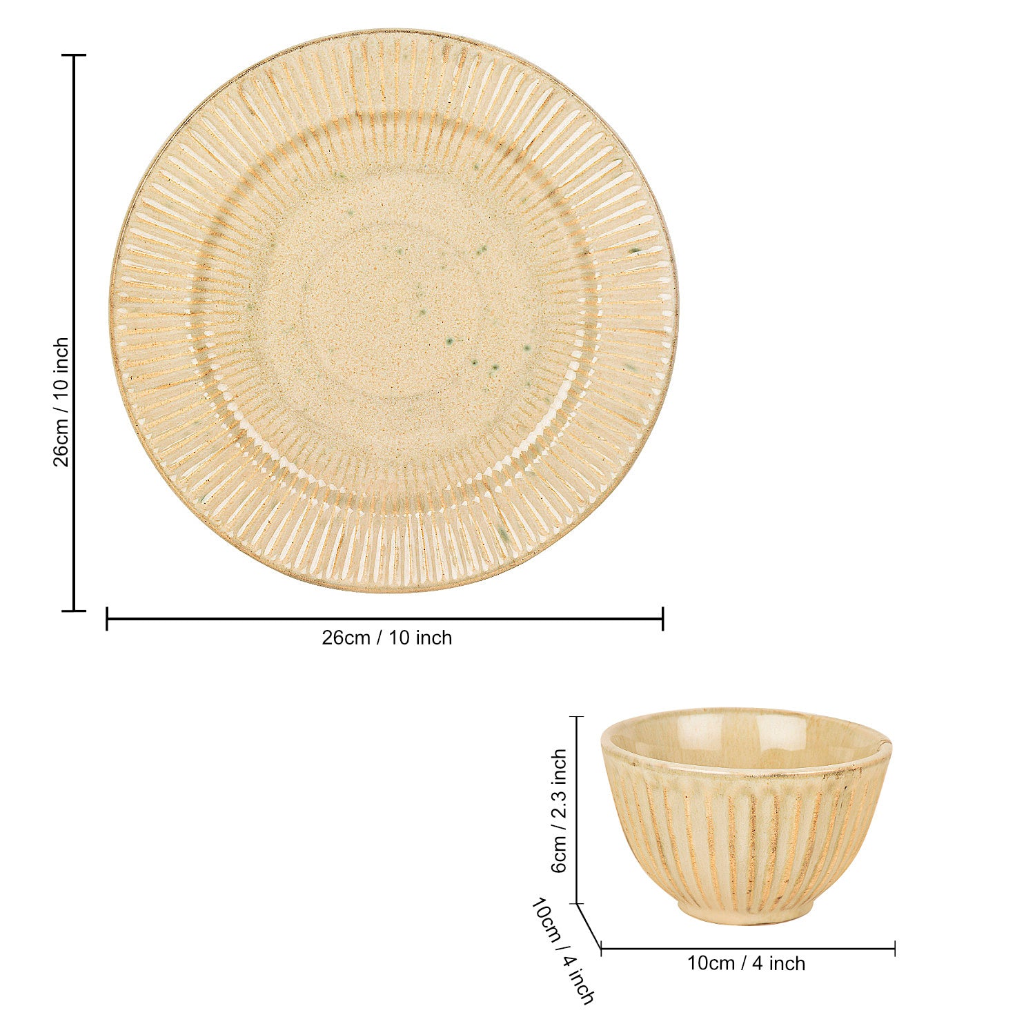 “Dazzling Riviera” Ribbed Ceramic Dinner Serving Plate with 2 Dinner Bowls (Set of 3, Ivory , Plate Diameter – 10 inches) - View 5