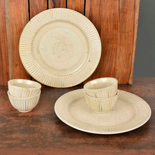 “Dazzling Riviera” Ribbed Ceramic Dinner Serving Plates with 4 Dinner Bowls (Set of 6, Ivory , Plate Diameter – 10 inches)