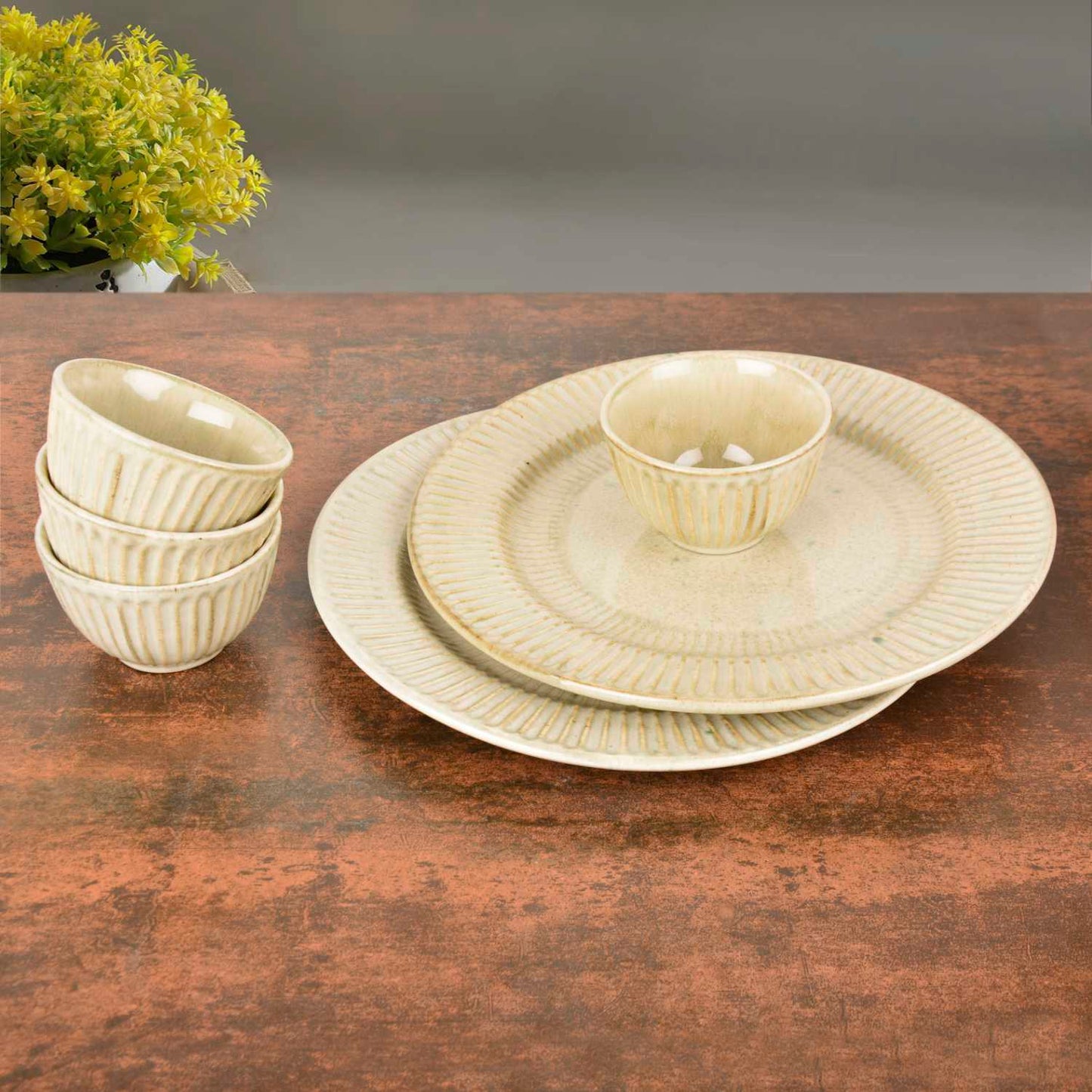 “Dazzling Riviera” Ribbed Ceramic Dinner Serving Plates with 4 Dinner Bowls (Set of 6, Ivory , Plate Diameter – 10 inches) - View 3