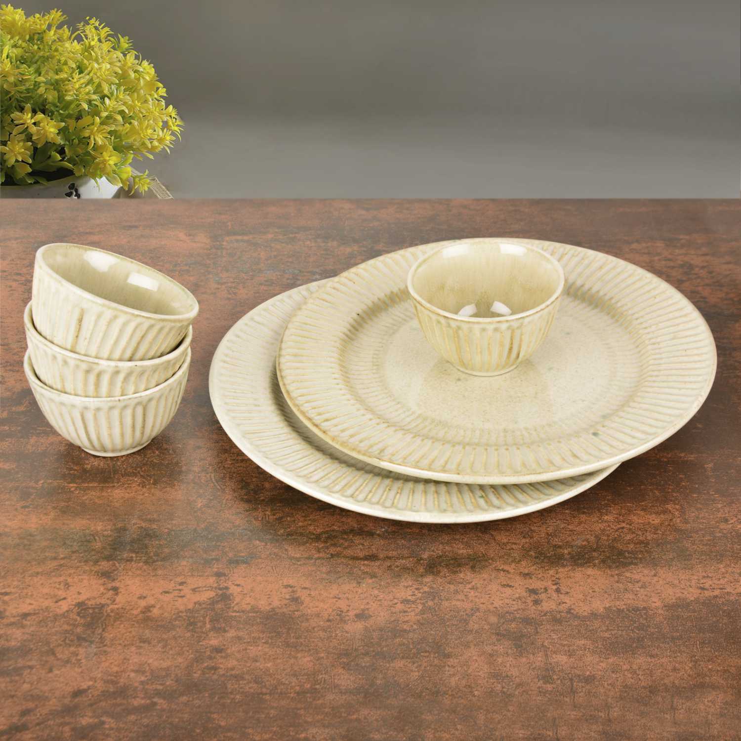 “Dazzling Riviera” Ribbed Ceramic Dinner Serving Plates with 4 Dinner Bowls (Set of 6, Ivory , Plate Diameter – 10 inches) - View 3