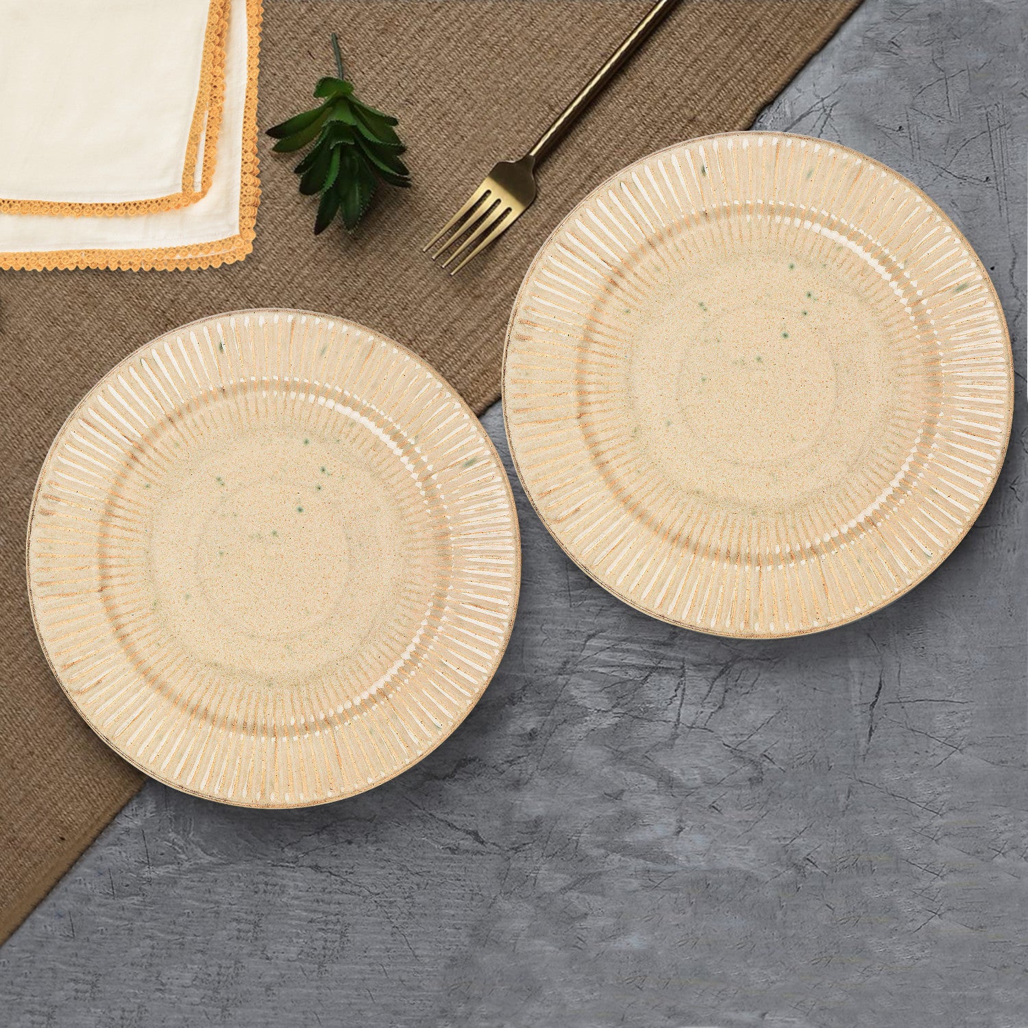 “Dazzling Riviera” Ribbed Ceramic Dinner Serving Plates (Set of 2, Ivory , Diameter – 10 inches) - View 3