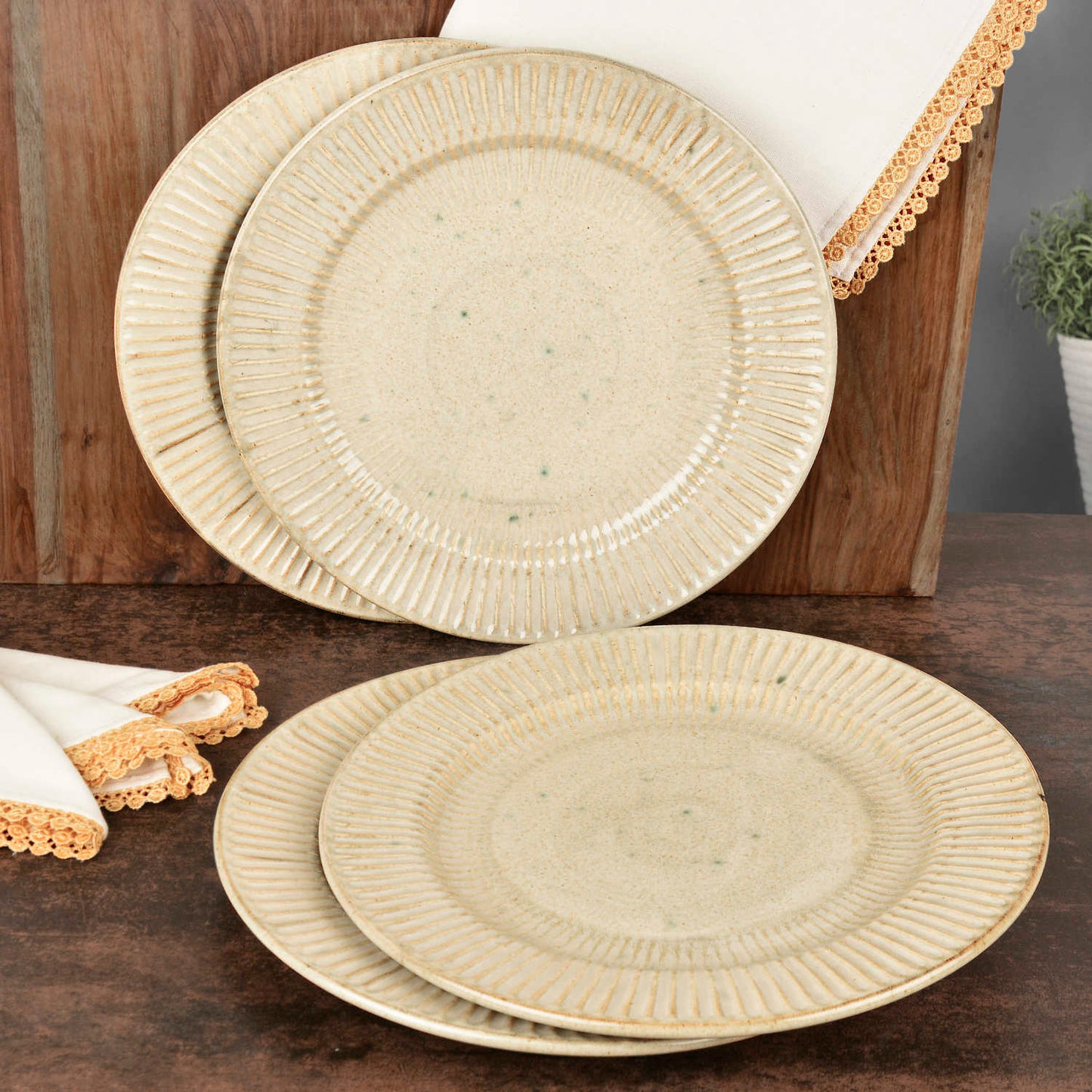 “Dazzling Riviera” Ribbed Ceramic Dinner Serving Plates (Set of 4, Ivory , Diameter – 10 inches)