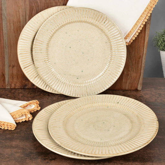 “Dazzling Riviera” Ribbed Ceramic Dinner Serving Plates (Set of 4, Ivory , Diameter – 10 inches)