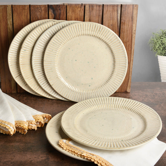 “Dazzling Riviera” Ribbed Ceramic Dinner Serving Plates (Set of 6, Ivory , Diameter – 10 inches)