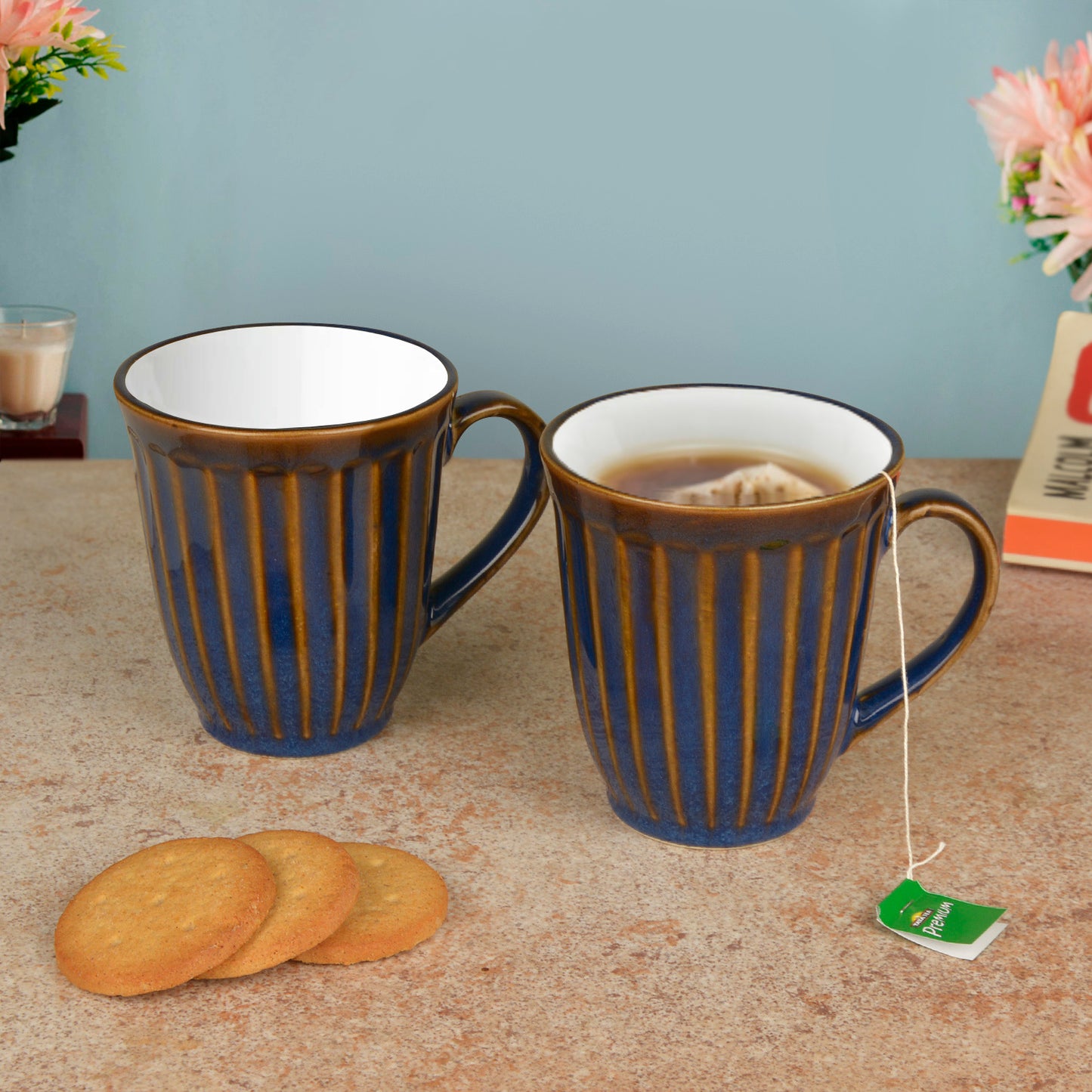 Ceramic Coffee Mugs (300 ml Each, Set of 2, Blue and White)