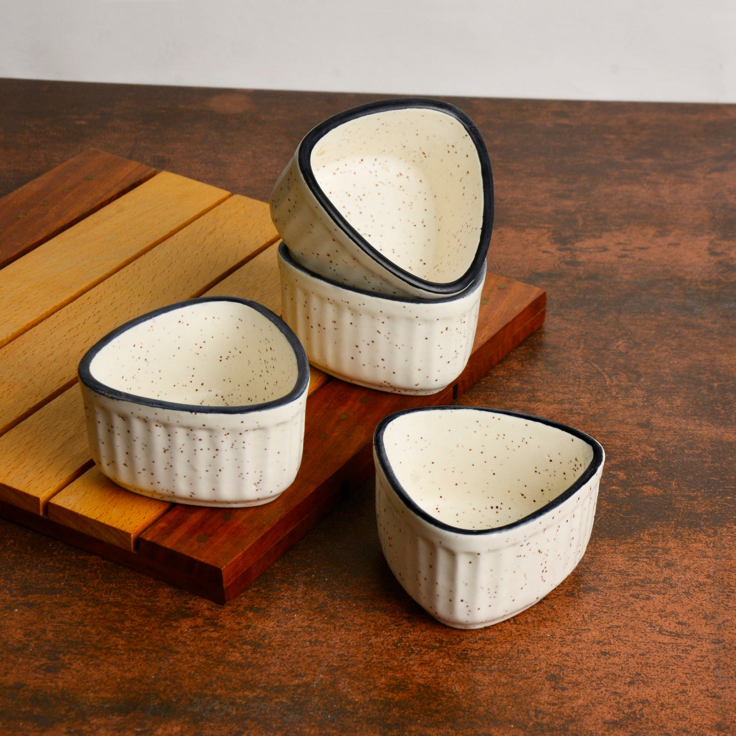 Handcrafted Ceramic Triangular Ribbed Dip Bowls (Set of 4 , White & Black , 50 ml each)