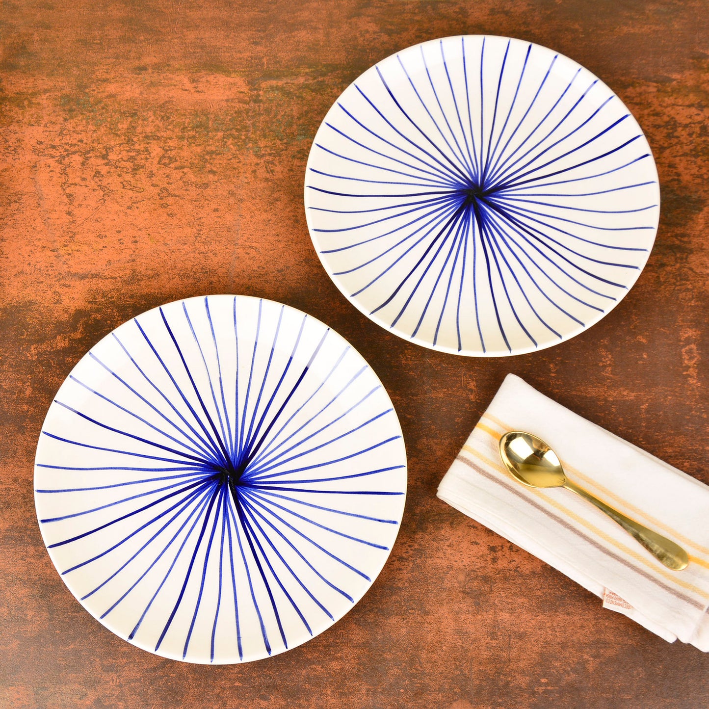 “Blue Kasa Line” Ceramic Striped Dinner Serving Plates (Set of 2, White and Blue, Diameter – 10 inches)
