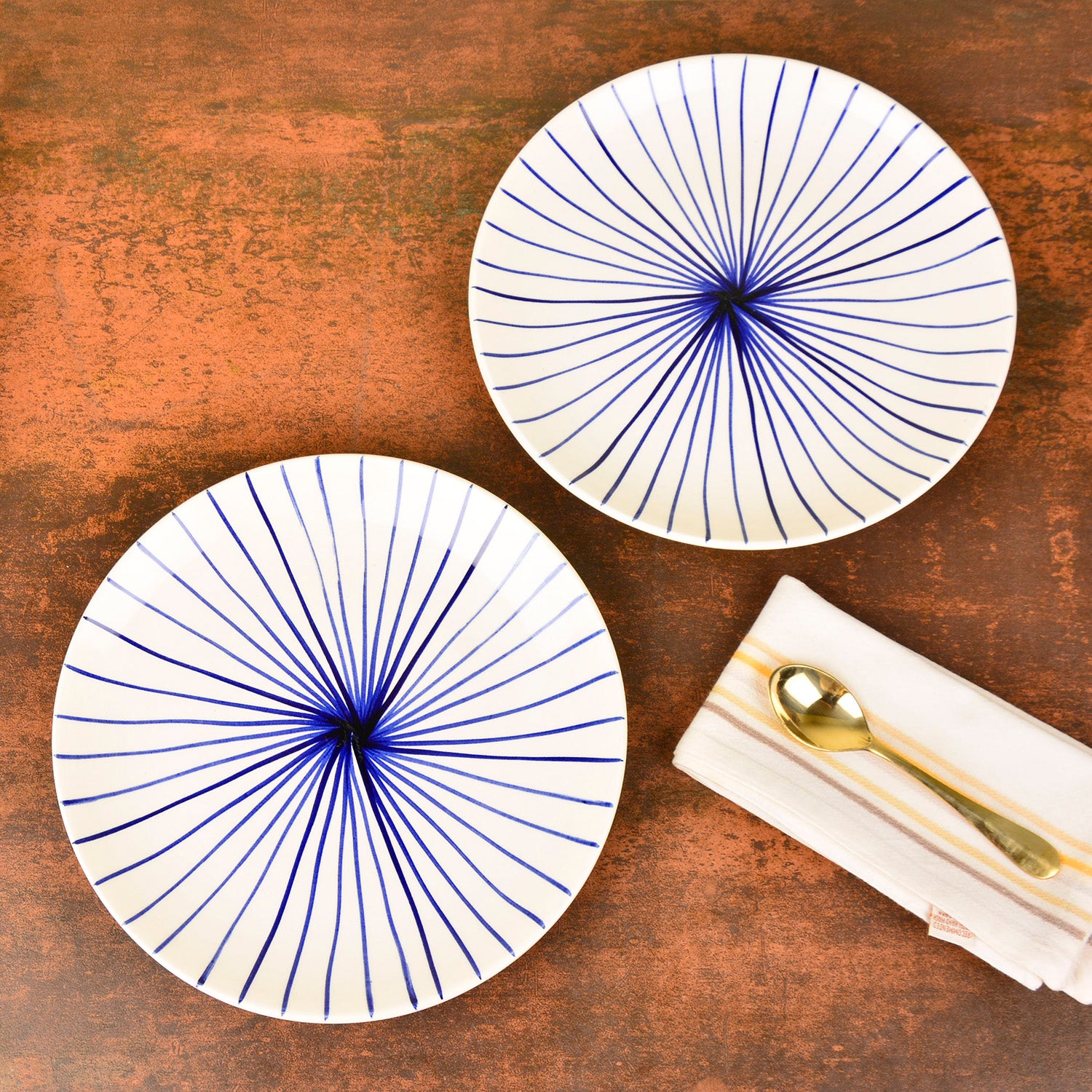 “Blue Kasa Line” Ceramic Striped Dinner Serving Plates (Set of 2, White and Blue, Diameter – 10 inches)