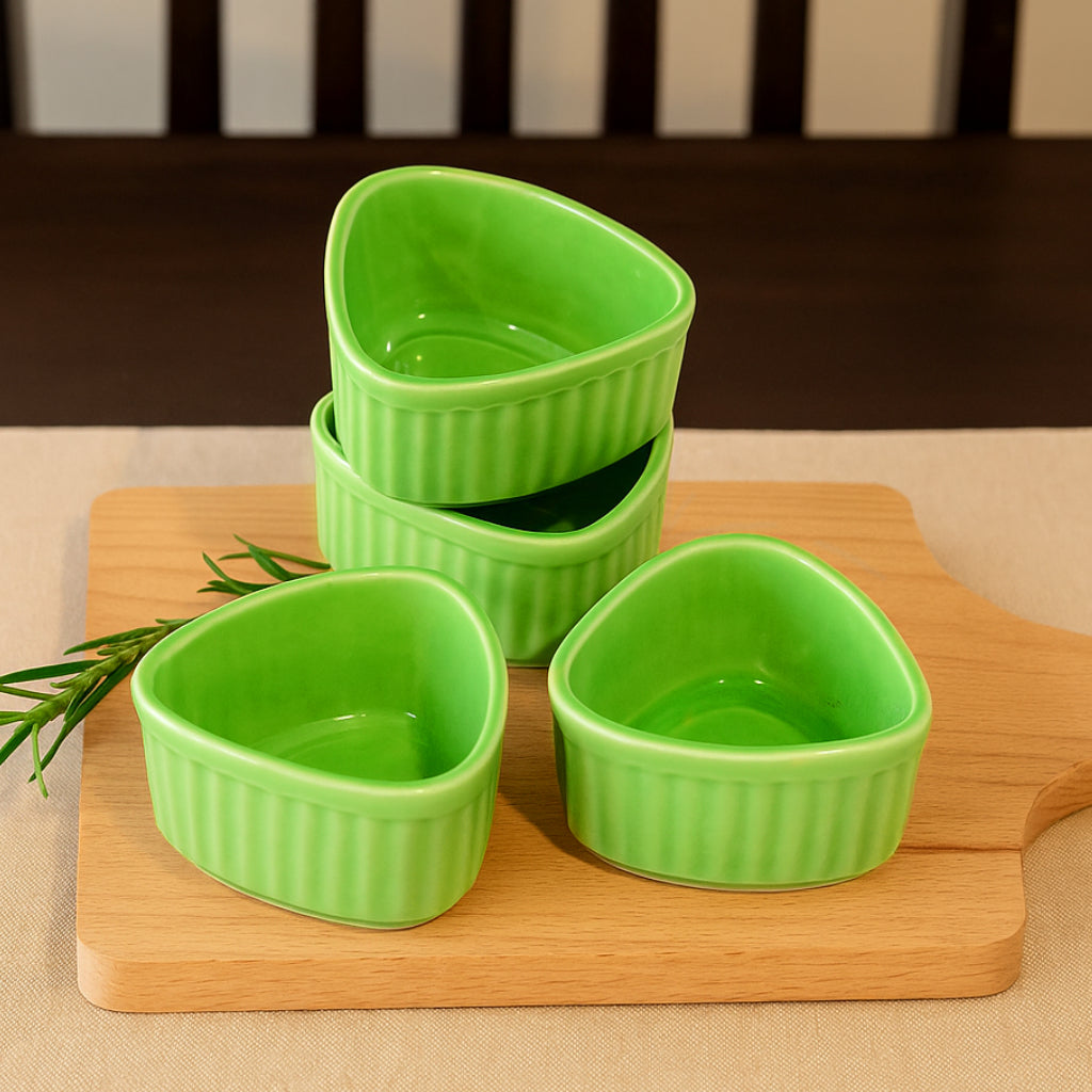 Handcrafted Ceramic Triangular Ribbed Dip Bowls (Set of 4 , Green , 50 ml each)