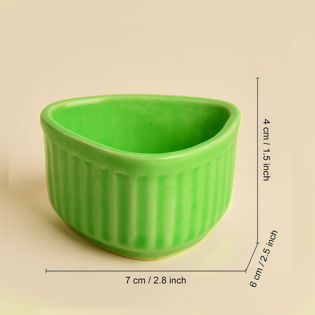 Handcrafted Ceramic Triangular Ribbed Dip Bowls (Set of 4 , Green , 50 ml each) - View 2