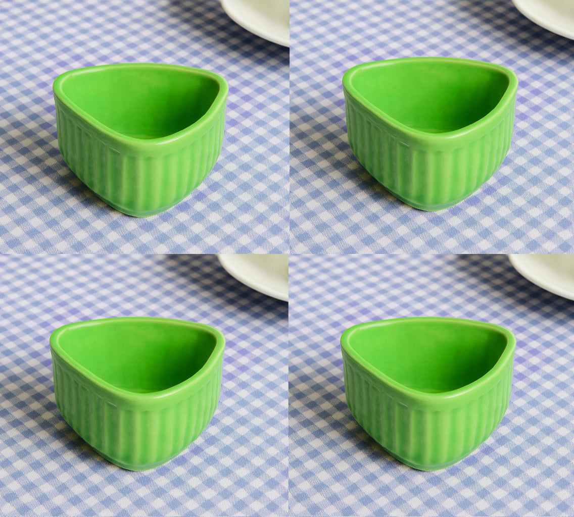 Handcrafted Ceramic Triangular Ribbed Dip Bowls (Set of 4 , Green , 50 ml each) - View 3