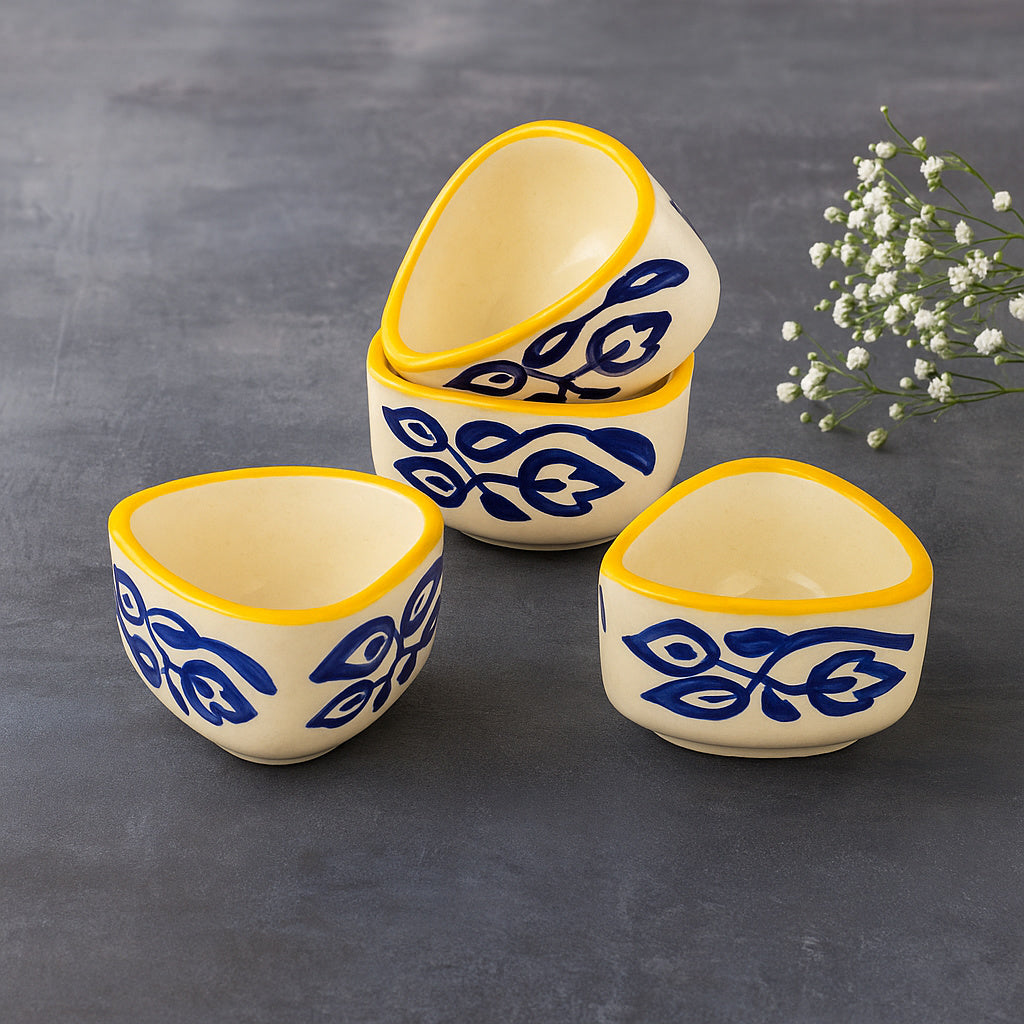 Handpainted Ceramic Triangular Floral Dip Bowls (Set of 4 , Blue and Yellow , 50 ml each)