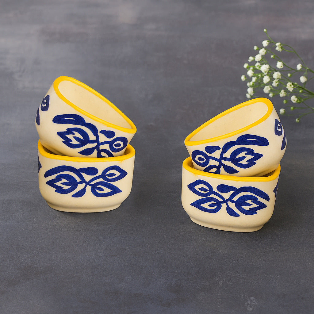 Handpainted Ceramic Triangular Floral Dip Bowls (Set of 4 , Blue and Yellow , 50 ml each) - View 3