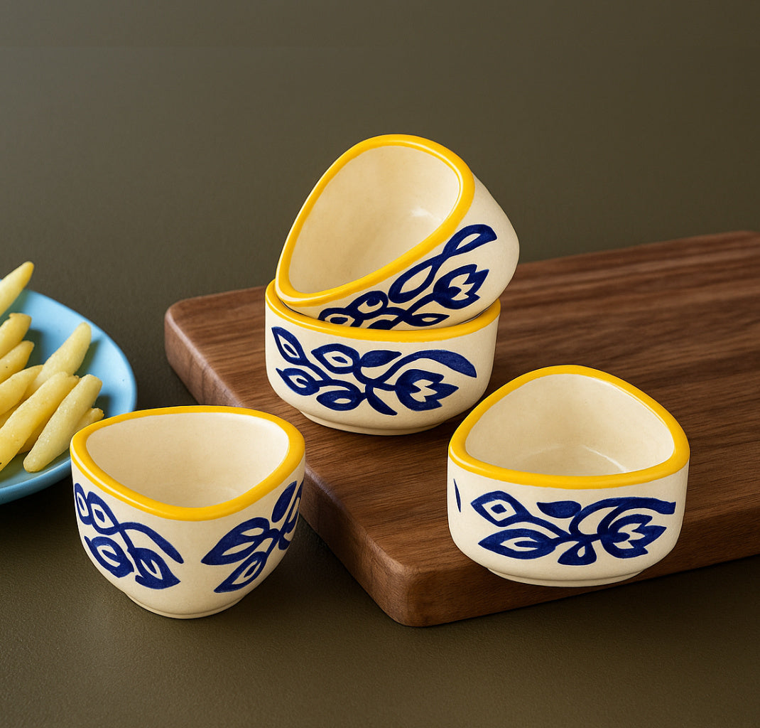 Handpainted Ceramic Triangular Floral Dip Bowls (Set of 4 , Blue and Yellow , 50 ml each) - View 4