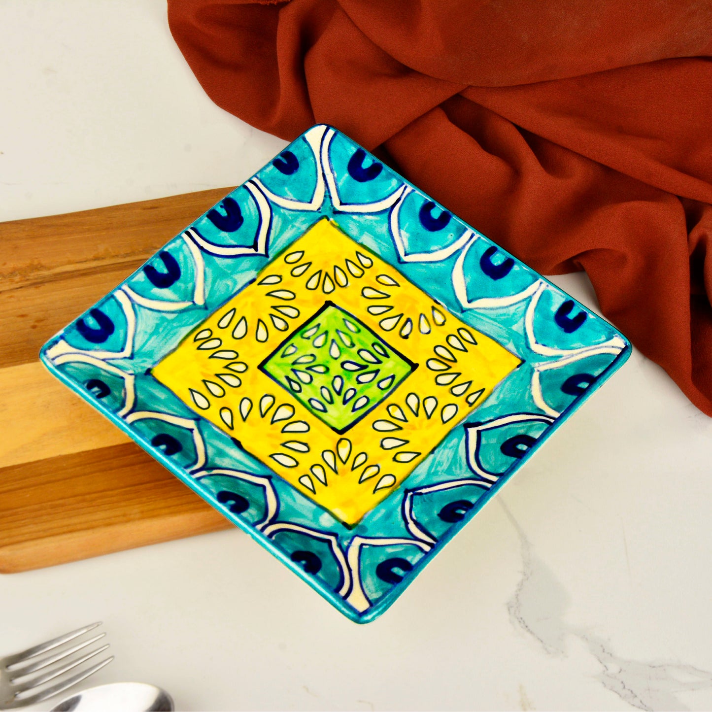Premium Hand Painted in Traditional Design Ceramic Square Platter (Blue and Yellow, L x B – 18 cm x 18 cm)
