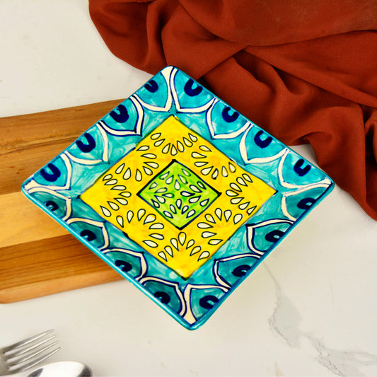 Premium Hand Painted in Traditional Design Ceramic Square Platter (Blue and Yellow, L x B – 18 cm x 18 cm)