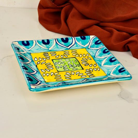 Premium Hand Painted in Traditional Design Ceramic Square Platter (Blue and Yellow, L x B – 18 cm x 18 cm) - View 2