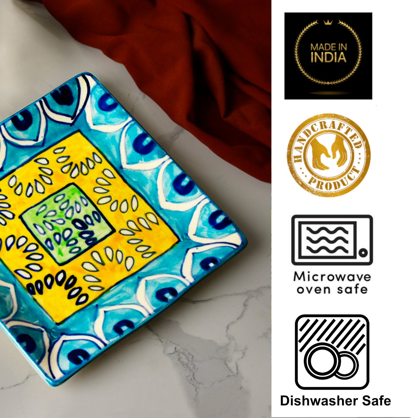 Premium Hand Painted in Traditional Design Ceramic Square Platter (Blue and Yellow, L x B – 18 cm x 18 cm) - View 4