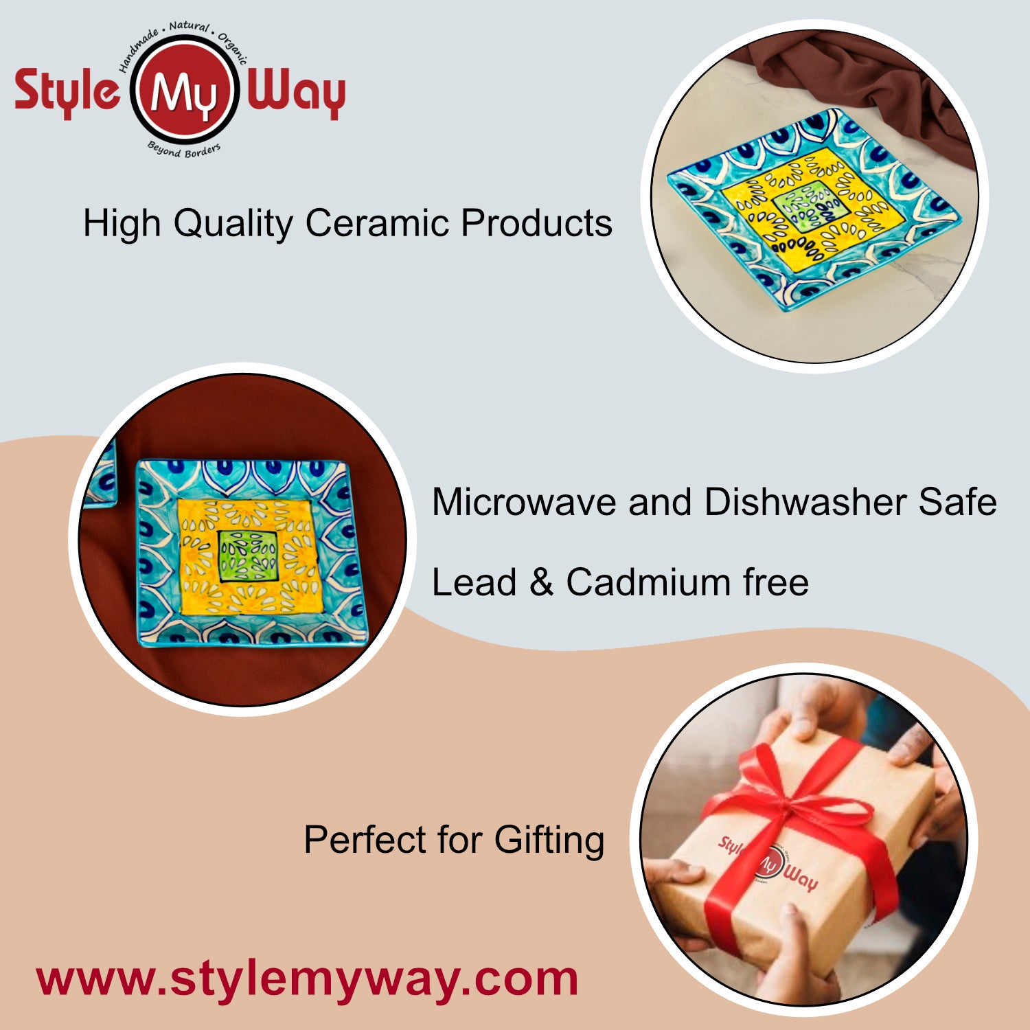 Premium Hand Painted in Traditional Design Ceramic Square Platter (Blue and Yellow, L x B – 18 cm x 18 cm) - View 6