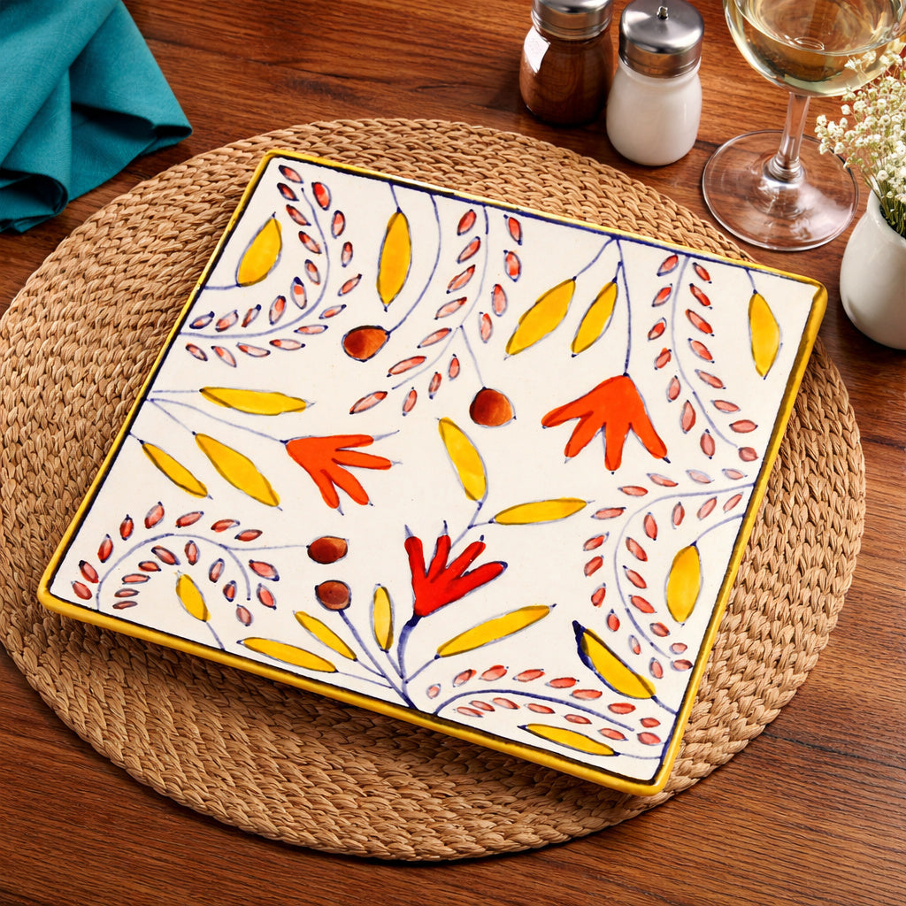 Premium Hand Painted in Traditional Design Ceramic Square Platter (Multicolor, L x B – 18 cm x 18 cm)