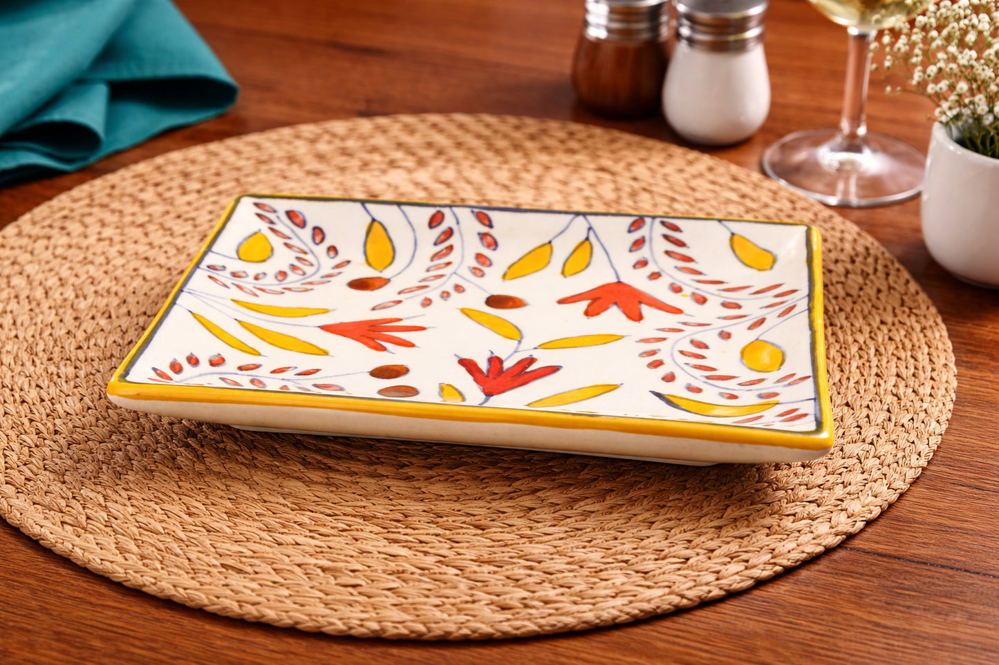 Premium Hand Painted in Traditional Design Ceramic Square Platter (Multicolor, L x B – 18 cm x 18 cm) - View 3