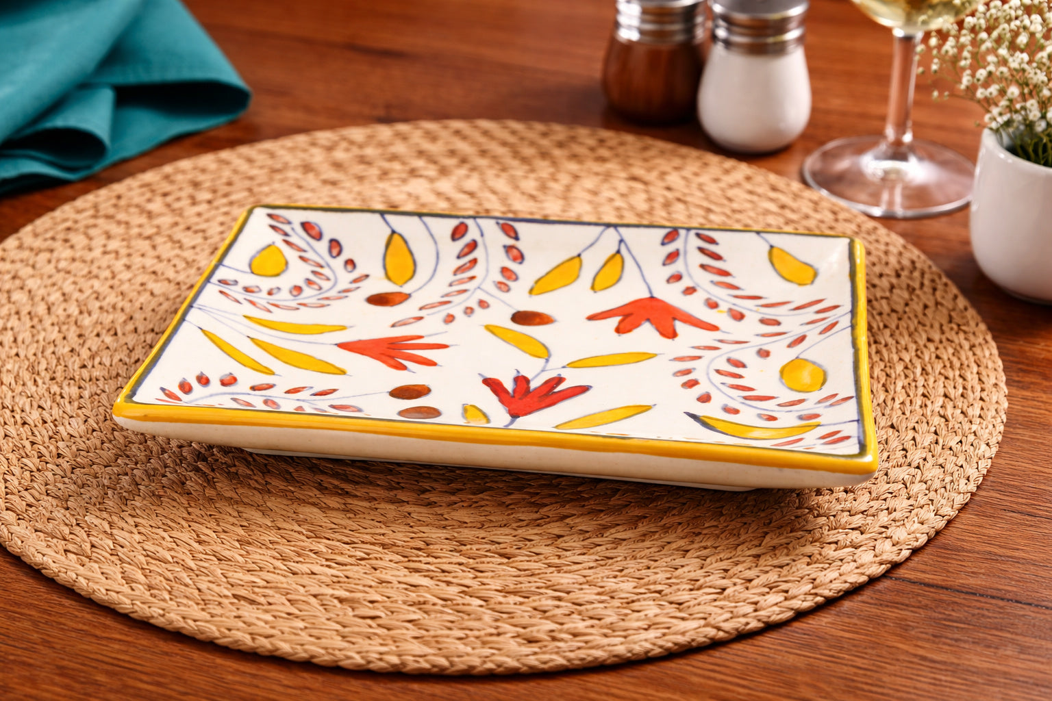 Premium Hand Painted in Traditional Design Ceramic Square Platter (Multicolor, L x B – 18 cm x 18 cm) - View 3