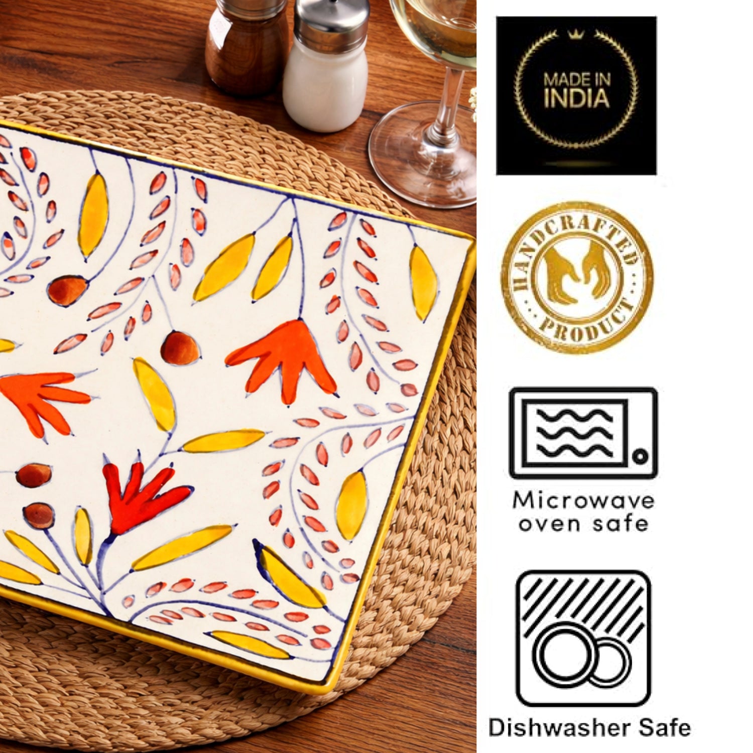 Premium Hand Painted in Traditional Design Ceramic Square Platter (Multicolor, L x B – 18 cm x 18 cm) - View 4