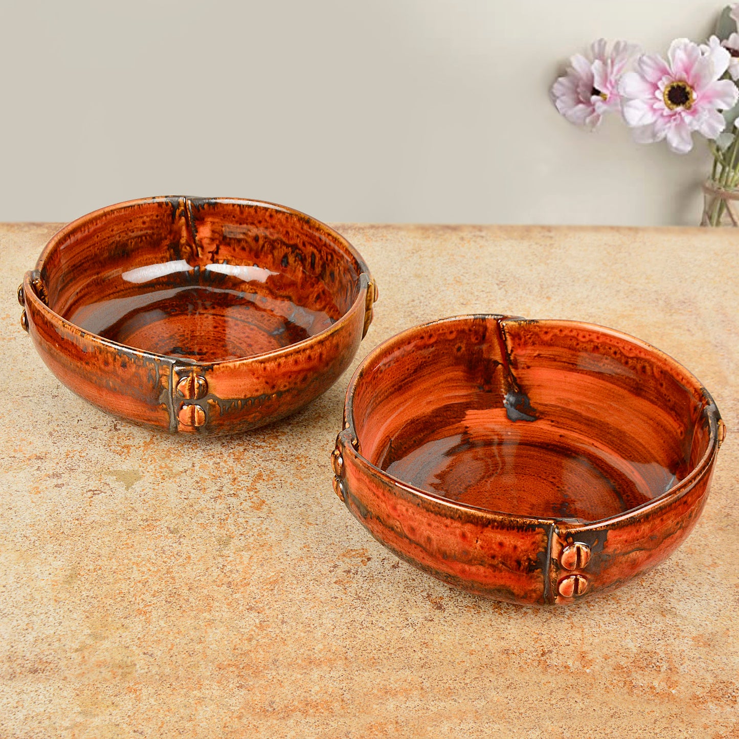 Studio Pottery Hand Glazed Ceramic Serving Bowls (Set of 2 , Brown , Diameter – 17 cm , 800 ml each)