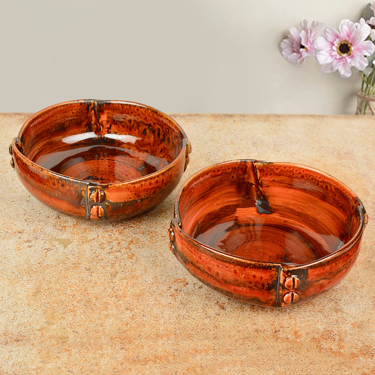 Studio Pottery Hand Glazed Ceramic Serving Bowls (Set of 2 , Brown , Diameter – 17 cm , 800 ml each)