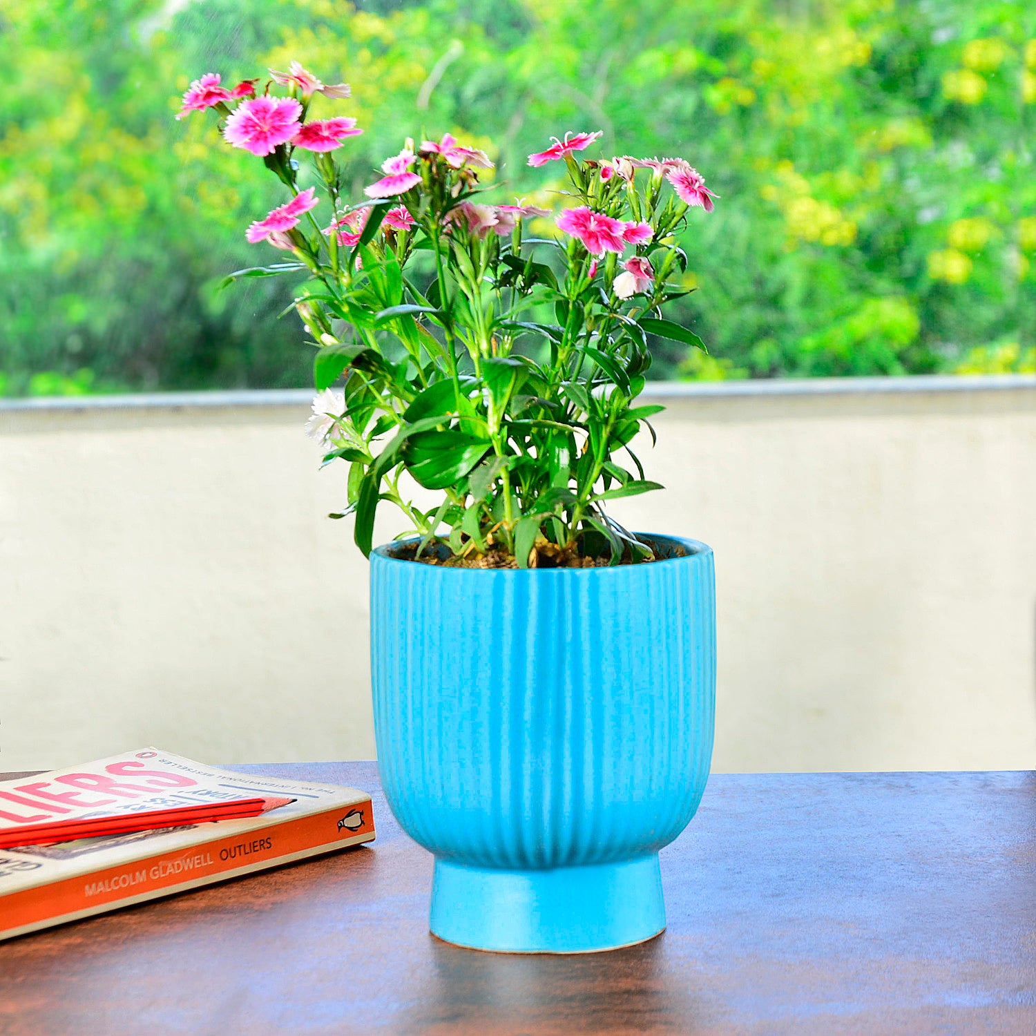 Ribbed Ceramic Planter Pot (Blue, Diameter – 11.5 cm, Height – 13.5 cm)