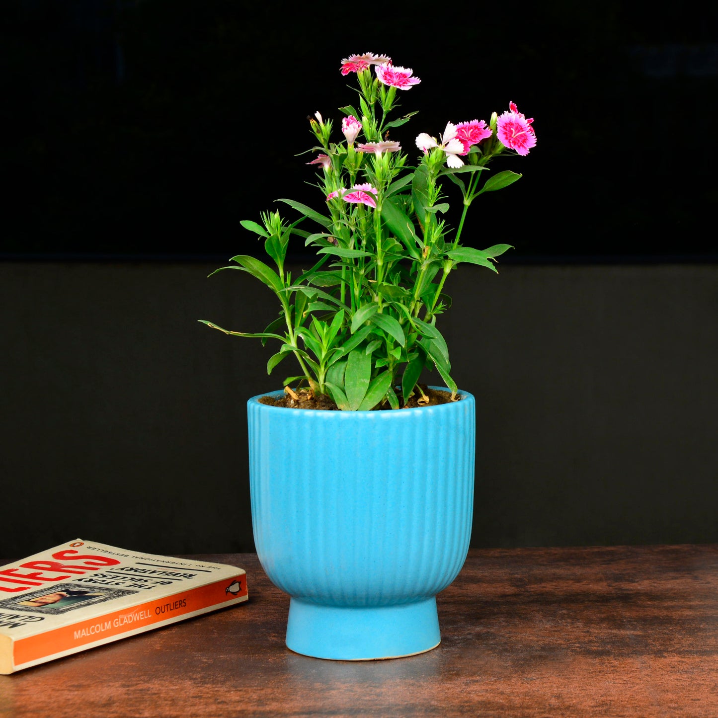 Ribbed Ceramic Planter Pot (Blue, Diameter – 11.5 cm, Height – 13.5 cm) - View 3