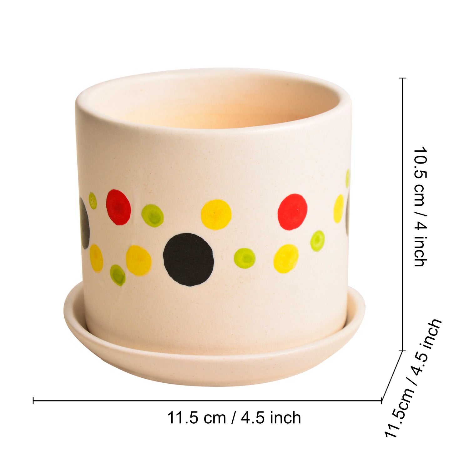Hand Painted Ceramic Round Polka Dot Planter Pot with Tray (Multicolor and Off White, Diameter – 11.5 cm, Height – 10.5 cm) - View 2