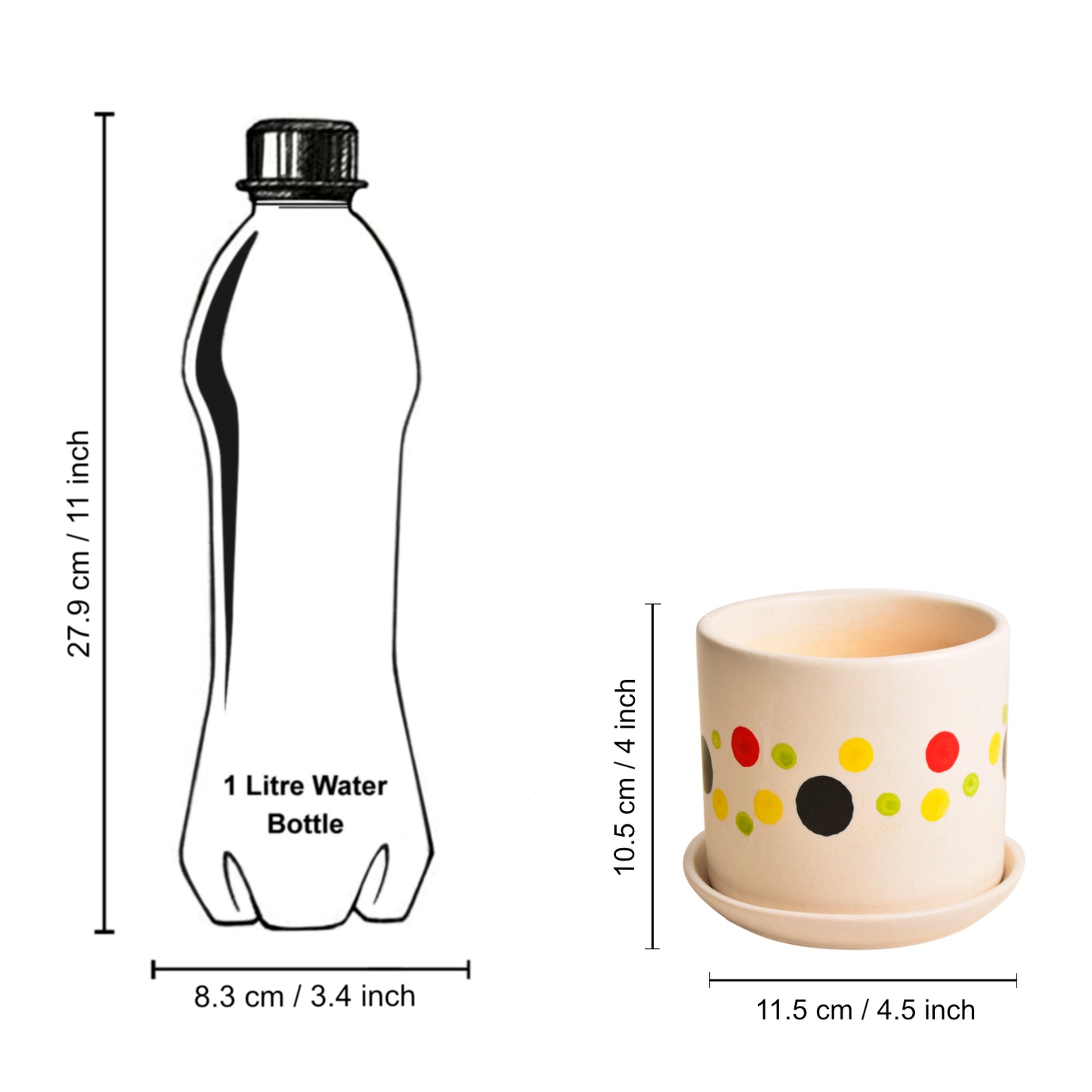 Hand Painted Ceramic Round Polka Dot Planter Pot with Tray (Multicolor and Off White, Diameter – 11.5 cm, Height – 10.5 cm) - View 5