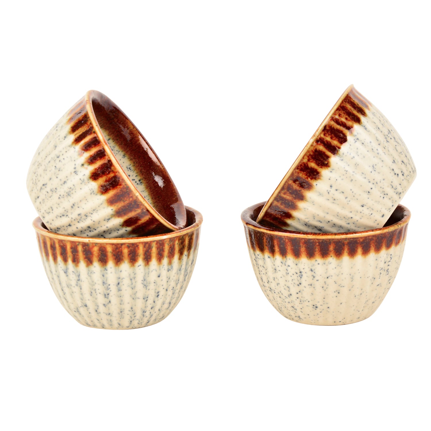 Studio Pottery Ribbed Ceramic Dining Bowls (Set of 4, 350 ml each, Off White & Brown) - View 3
