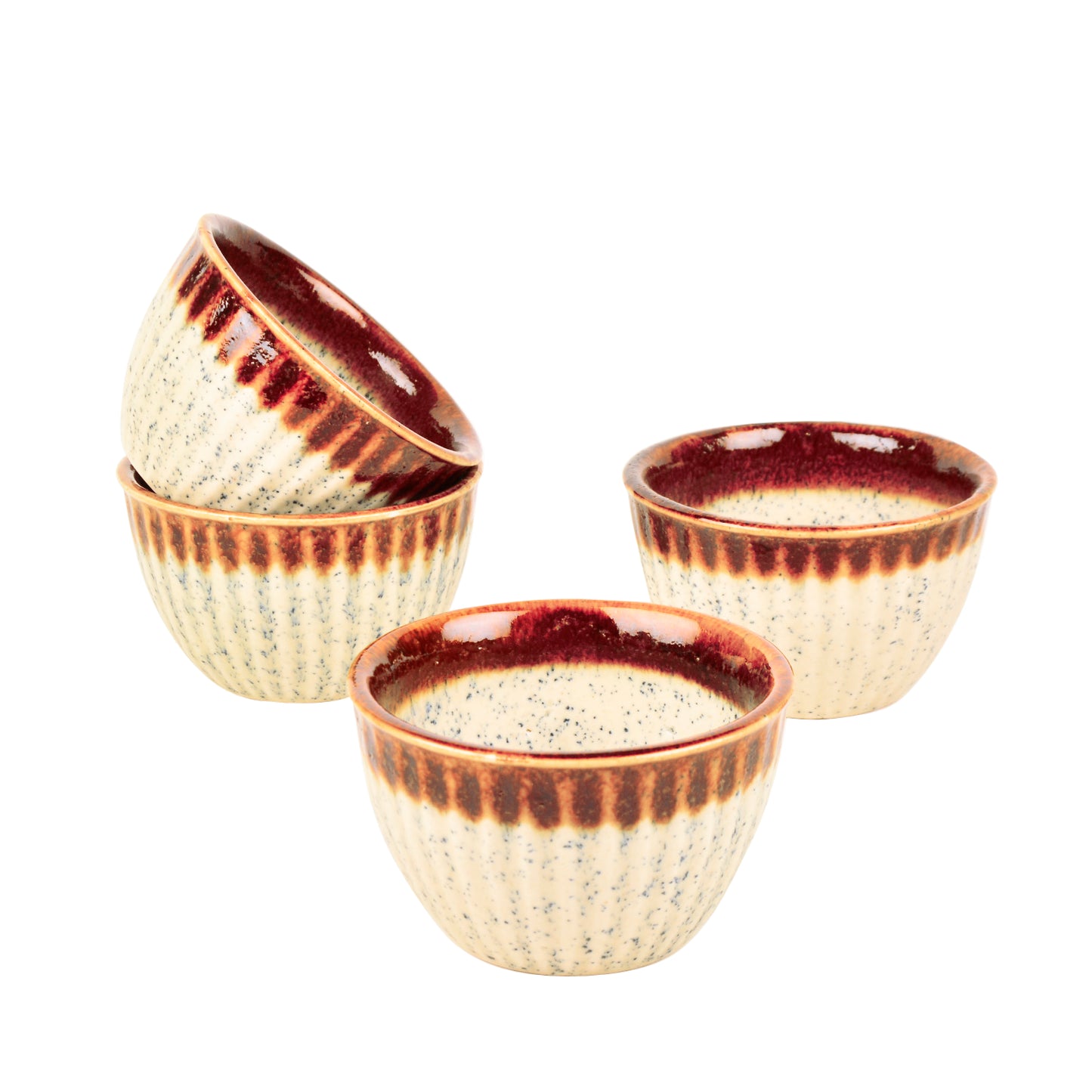 Studio Pottery Ribbed Ceramic Dining Bowls (Set of 4, 350 ml each, Off White & Brown) - View 4