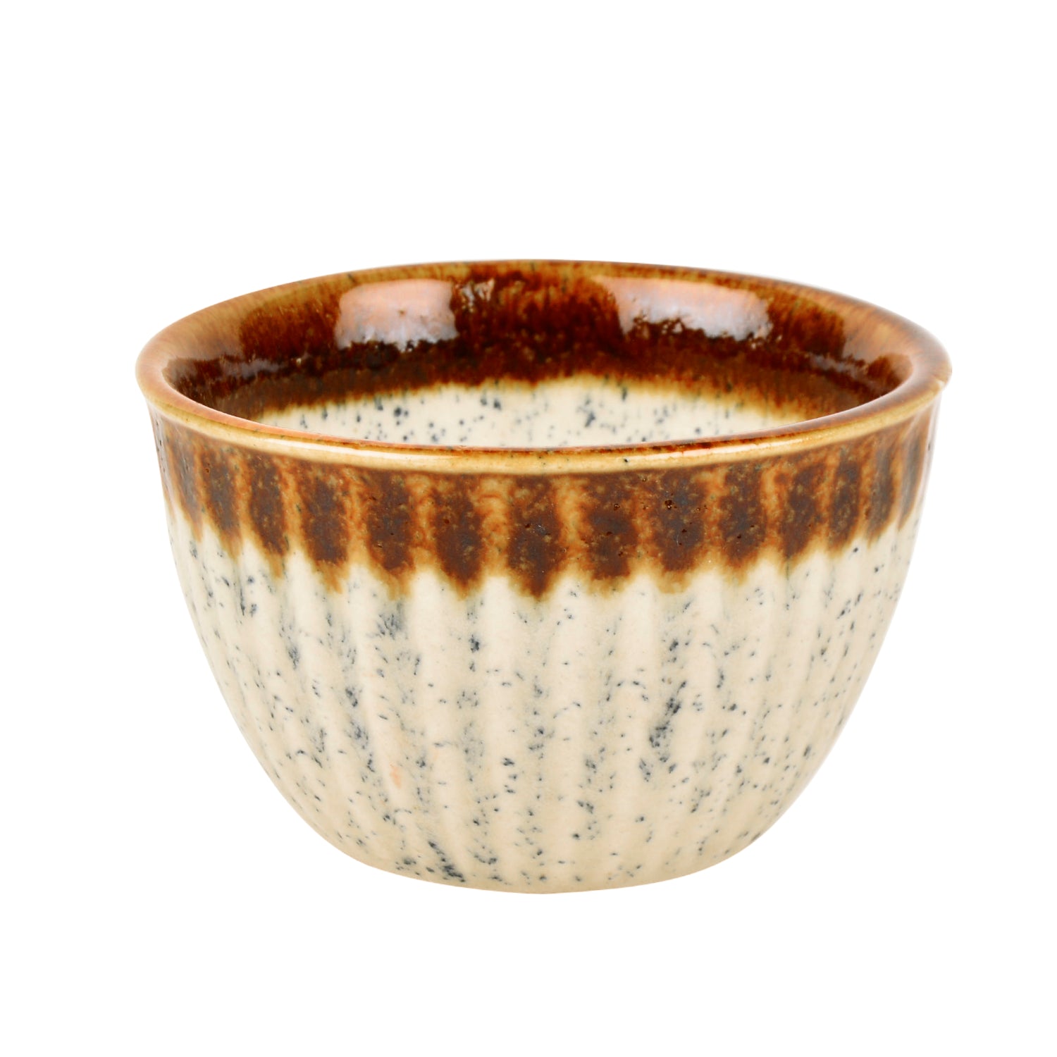 Studio Pottery Ribbed Ceramic Dining Bowls (Set of 4, 350 ml each, Off White & Brown) - View 5
